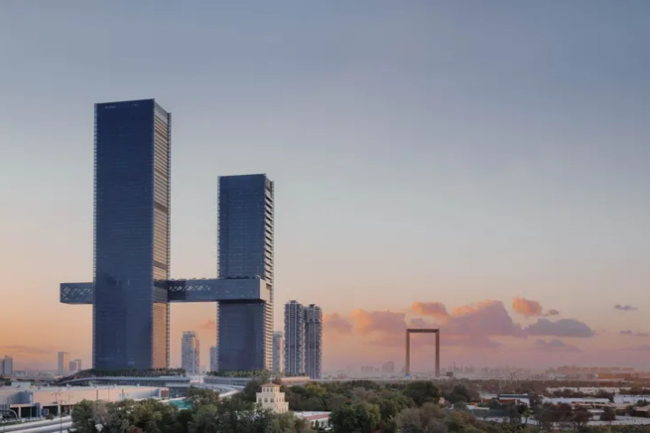 One Za'abeel, one of Dubai's recent additions to the skyline, is easily identifiable. The two sparkling buildings, joined by the world's longest cantilever