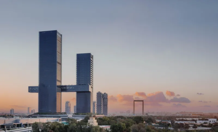 One Za'abeel, one of Dubai's recent additions to the skyline, is easily identifiable. The two sparkling buildings, joined by the world's longest cantilever